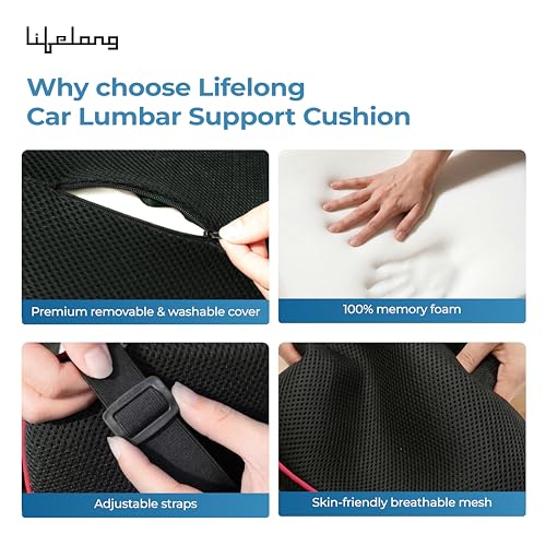 Image of Lifelong Back & Lumbar Support Car Seat Cushion | Memory Foam Car Pillow for Back Side | Office Chair & Seat Backrest for Back Pain Relief, Comfortable Long Drive & Daily Commute | Washable Cover