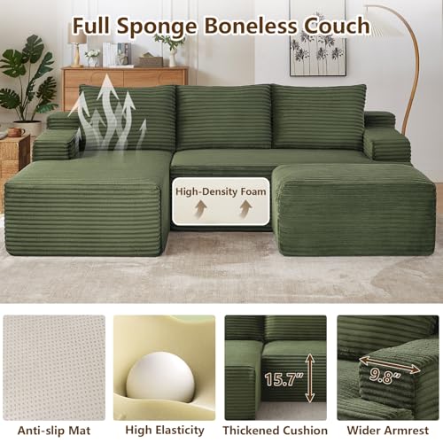 Image of 96 inch U-Shape Cloud Couch, Modern Modular Sectional L-Shape Sofa with Ottoman, Corduroy Upholstered Couches Deep Seat Sleeper Chaise Longue for Living Room, No Assembly Required(Green, Left Facing)
