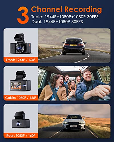 Vantrue E3 2.5K 3 Channel Wifi Dash Cam, 1944P+1080P+1080P Front And Rear Inside 3 Way Gps Dash Camera With Voice Control, Ir Night Vision, Wireless Controller, 24 Hrs Parking Mode, Support 512Gb Max #TOP2