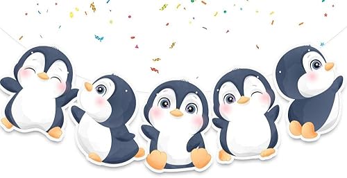 Cartel de cumpleaños de pingüinos, lindos pingüinos, suministros de fiesta de invierno, baby shower, decoraciones de cumpleaños para acuarela de