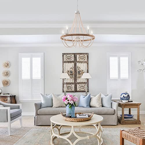 Elyccupa Wood Beaded Chandelier 5 Lights Boho Candle French Country Farmhouse Chandelier Bohemia Pendant Light For Living Room Dining Room Kitchen Foyer thumb #3