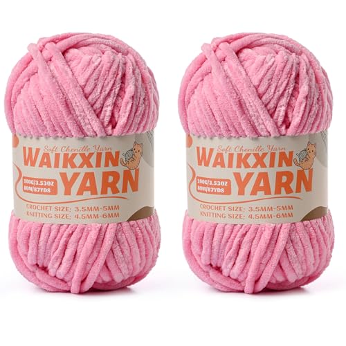Image of (2 Deep Pink) 2 Pack Super Soft Fuzzy Chenille Chunky Yarn for Crocheting, 200g (175yds) Fluffy Velvet Yarn for Hand Knitting Baby Blankets Weaving Craft