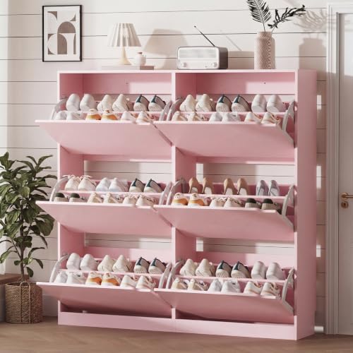 Image of Xixini Shoe Storage Cabinet for Entryway with 6 Flip Drawers, Sturdy Wood Hidden Shoe Storage, Freestanding Narrow Slim Shoe Organizer for Front Door Entrance, Living Room, Hallway, Bedroom, Pink