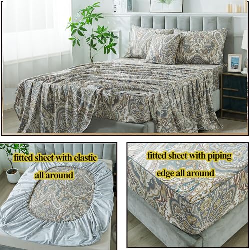 Image of FADFAY Paisley Sheets Set Twin Classic Boho Paisley Bedding Luxurious Bohemian Damask Paisley Bed Sheet Set Breathable 100% Egyptian Cotton 800 Thread Count Deep Pocket Fitted Sheet 4Pcs, Twin Size