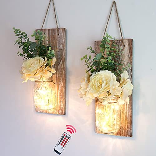 Besuerte Rustic Wall Decor Sconces - Country Vintage Farmhouse Home Bedroom Living Room Wall Art Decor with Wireless Remote,Rose Flowers&LED Fairy Lights,Set of 2(XLarge, Brown)