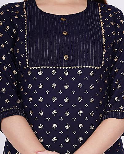 Image of Shiva Fab Short Kurti for Women | Embroidered Straight Rayon Kurta | Round Neck Full Sleeves Short Kurti for Women's (Small, Black & Blue Gold-2 Pack)