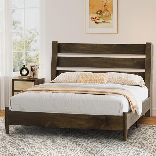 LUXOAK Massivholzbett 160x200 cm mit geneigtem Latten-Kopfteil, Mid-Century Design, stabile Holzlatten, kein Boxspring nötig, geräuschfrei –...