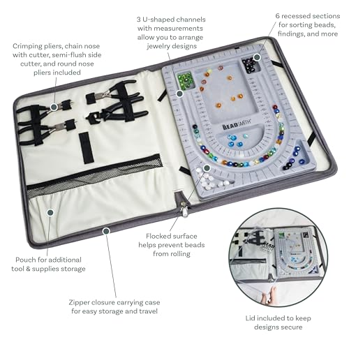 Image of The Beadsmith Bead Folio Kit - Basic Elements | 28 inch U Channel Bead Board with Lid, Zippered Storage Case & 4-Piece Plier Set, Keep Your Designs, Beads & Tools Secure