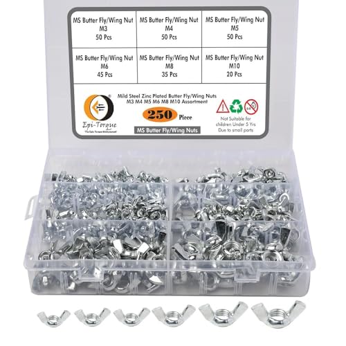 Image of Epi-Torque 250 Pcs 6 Sizes Butterfly Wing Nuts Assortment Kit, M3 M4 M5 M6 M8 M10 Sizes Zinc Plated Wing Nuts Fasteners