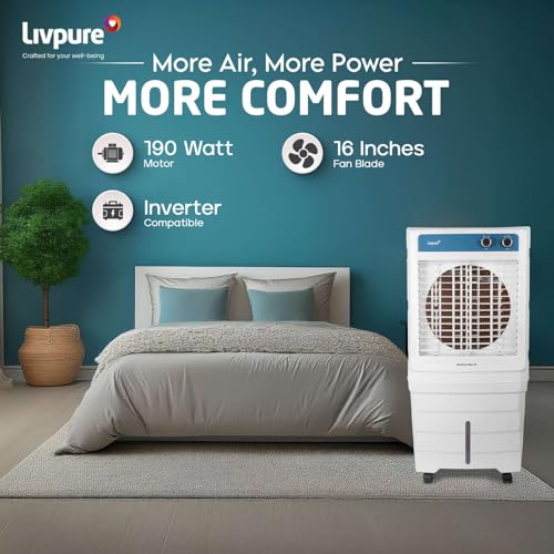 Image of Livpure Aerofrost Neo 70L Desert Air Cooler, White, Adjustable Speed, Ice Chamber, 5 Castor Wheels, Water Level Indicator, Works on Inverter