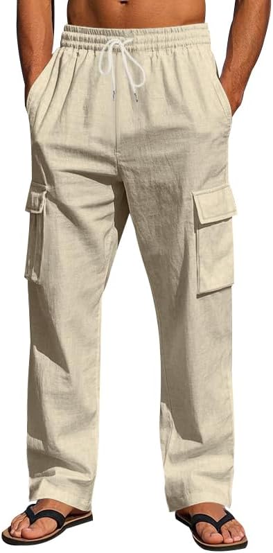 Men's Casual Cargo Pants Relaxed Fit Elastic Waist Drawstring Side Cargo Pockets Trouser Lightweight Work Pants