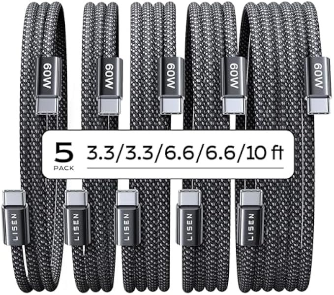 LISEN USB C Cable, 5-Pack [3.3/3.3/6.6/6.6/10FT] USBC to USBC Cable for iPhone 15 Pro Max Plus, 60W (3.1A) C to C Cable Fast Charging for Samsung S24/23, iPad, MacBook Air/Pro USBC Charger