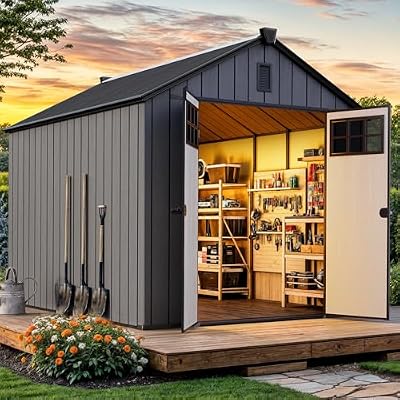 YITAHOME Outdoor Storage Shed 8x10 Ft, Plastic Storage Sheds with Floor, Lockable Doors, Windows, and Vents for Patio, Lawn, Backyard, Large Garden Storage for Bikes, Mowers, and Garden Tools, Black