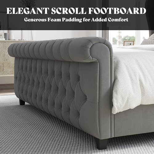 Image of AMERLIFE California King Size Platform Bed Frame, Velvet Upholstered Sleigh Bed with Scroll Wingback Headboard & Footboard /Button Tufted /No Box Spring Required /Grey