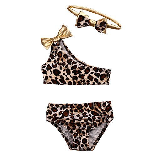 Image of Kids Baby Girls 3pcs Leopard One Shoulder Vest Panties Bowknot Bikini Set Swimsuit Bathing Suit