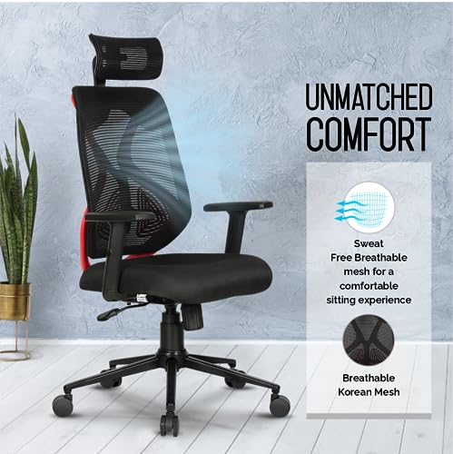 Image of Da URBAN Merlion Office Chair,High Back Mesh Ergonomic Home Office Desk Chair with 3 Years Warranty, Adjustable Armrests,Adjustable Lumbar Support,Tilt Lock Mechanism (Red)