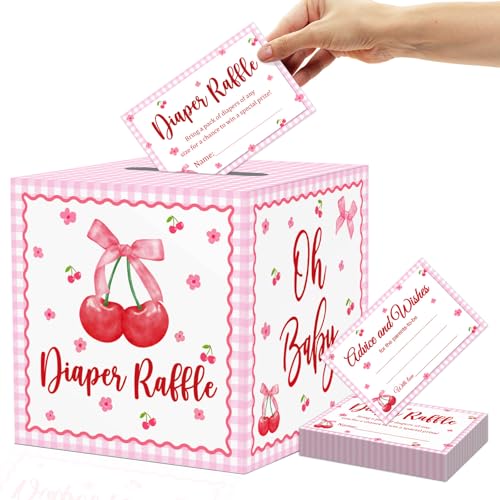 OWWOPATS 51Pcs Cherry Diaper Raffle Tickets with Box, Pink Bow Cherry Baby Shower Decorations She's the Cherry on top Diaper Raffle Box for Baby Shower Game Kit