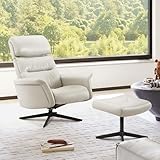CHITA Genuine Leather Self-Weight Reclining Swivel Chair with Adjustable Headrest and Ottoman for Living Room, Office, Light Grey