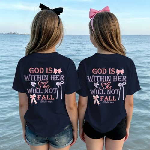 Image of Girls Christian Tees God is Within Her Jesus Shirt for Kids Faith Cute Graphic Bow Tshirt Inspirational Religious Top