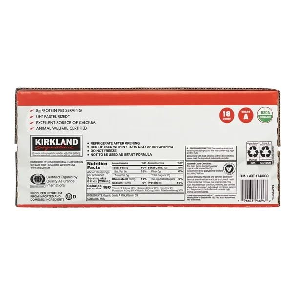 Kirkland Signature Organic Whole Milk, 8 Fluid Ounce (Pack of 18)