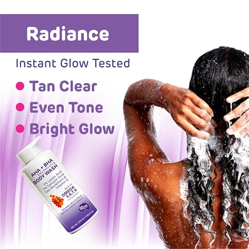 Image of Get Nectar Happiness Korean Glow Essence AHA-BHA Body Wash | 4% Actives (3% Lactic Acid + 1% Salicylic Acid) | Omega 3,6,7,9 | Exfoliating Body Wash for Tan, Body Acne & Smooth Glowing Skin | Sulfate & Paraben Free | For Men & Women | 225ml