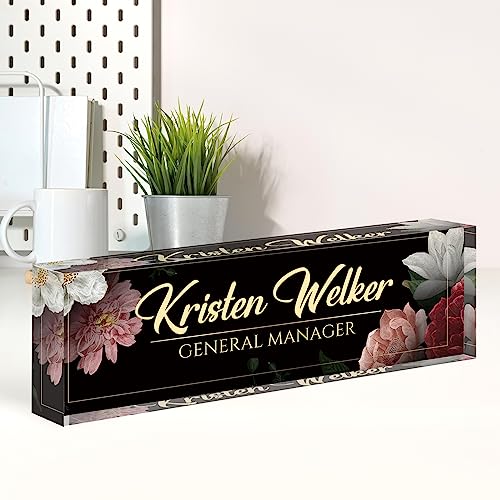 Image of Name Plate for Desk, Desk Name Plate Personalized, Office Decor for Women Men, Acrylic Desktop Accessories, Office Appreciation Gifts for Boss Social Workers Nurse Teacher Employee (Black /Flowers)