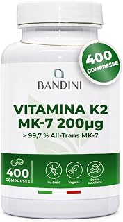 Bandini® Vitamina K2 MK7 200µg | 400 Compresse | Menachinone ad Alto Dosaggio | Vit K 2 MK-7 200 mcg | Contribuisce al Mantenimento di Ossa Normali, 100% Vegan, Senza OGM | Vitamina K Qualità Italiana