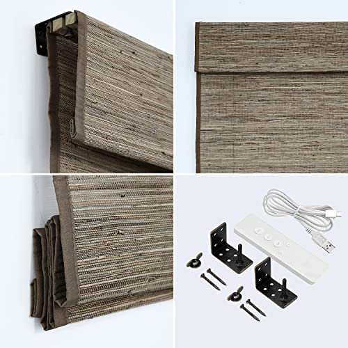 Smartwings Motorized Natural Woven Wood Roman Shades Full Blackout Classic Fold Smart Blind, Cordless Remote Control Electric Window Shades Rechargeable Auto Blinds, Customized Size, Kenaf -016 #TOP7