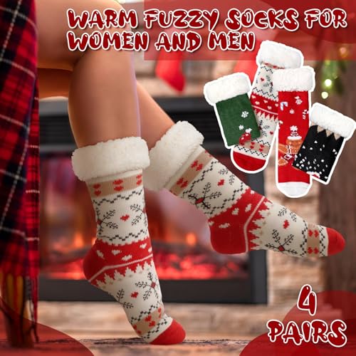 Image of Fourluoo 4 Packs Christmas Fuzzy Slipper Socks Xmas Fluffy Sherpa Thermal Socks with Grippers for Women men