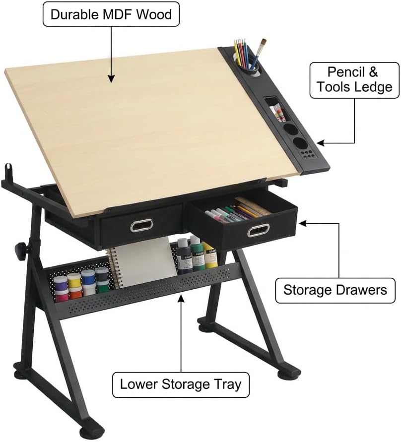 Drafting Table with Storage & Stool: Adjustable Tilting Art Desk, 2 Drawers, Height Adjustable Craft Table for Drawing, Painting, Home Office (Maple)