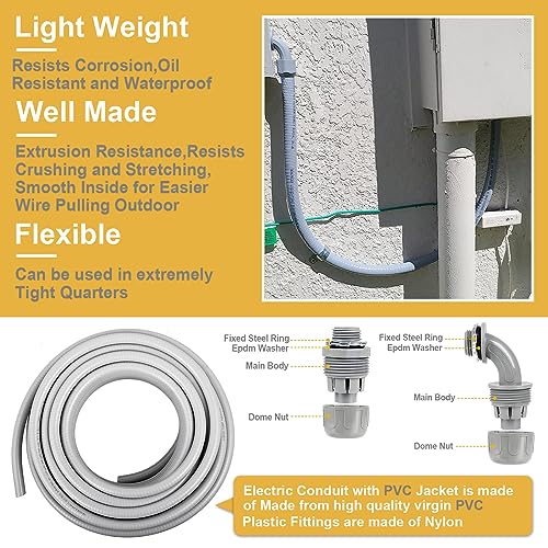 Liquid Tight Conduit and Connector Kit, 1 Inch Electrical Conduit Type B,100ft, Flexible Nonmetallic Conduit with Straight and Right Angle Conduit Connector, UL Listed