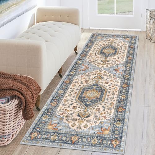 KUTA Runners for Hallways 2x6 Ivory Blue, Vintage Floral Kitchen Rugs Non-Slip Washable Runner Ultra Soft Printed Retro Flower Carpet Entryway Rug for Bedroom Laundry Nursery Entryways