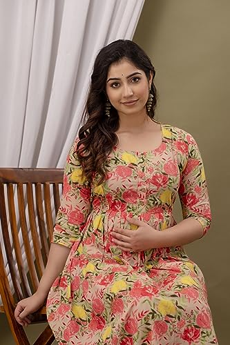 Image of The Moon Star Women's Cotton Floral Printed Anarkali Maternity Feeding Kurti | Breastfeeding Dress for Mothers | Zipper Feeding Kurti, Nursing Kurti, Comfortable and Trendy Maternity Wear
