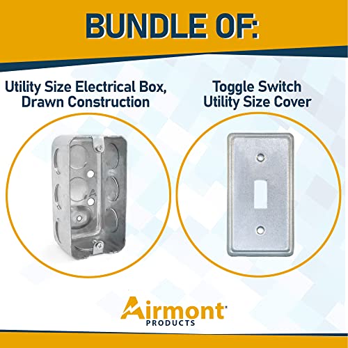 (Pack Of Box And Cover) 4X2 Inch Utility Electrical Box, Outlet Box, Toggle Switch Cover, Drawn Construction, Ten 1/2 Inch Knockouts, Raised Ground, 1-7/8" Deep, 13 Cu. In. Capacity, Galvanized Steel #TOP1