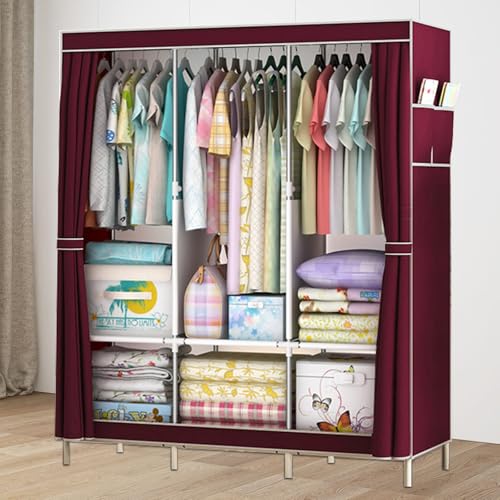 ALSO GO Red Portable Closet Storage Organizer for Hanging Clothes with 3 Hanging rods, 6 Storage Shelves and Side Pockets, Clothes Wardrobe with Dustproof Non-Woven Fabric Cover for Bedroom