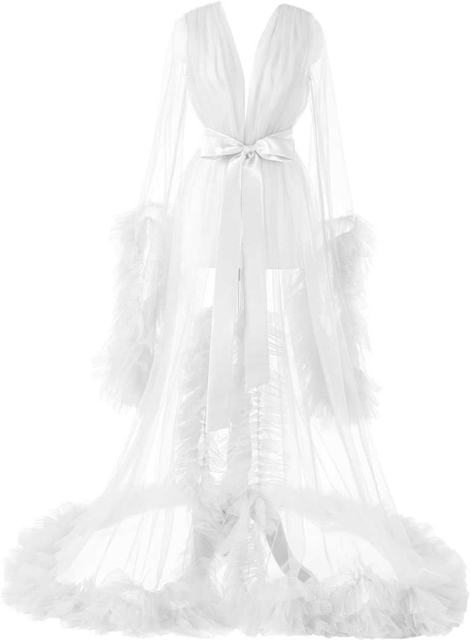 Women's Long Bridal Robes Tulle Lingerie Maternity Bathrobe Photoshoot Illusion Wedding Scarf Party Nightgown