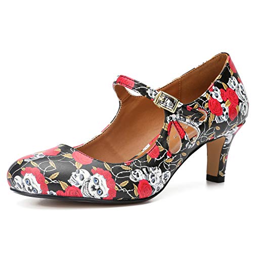 fereshte Women's Men's Mary Jane Hollow Out Round Toe Mid Kitten Heel Pumps Shoes Skull EU47-14 Women / 12.5 Men