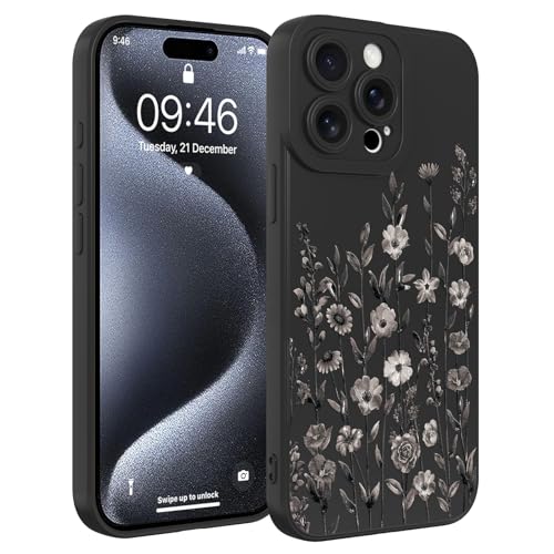 Image of Designed for iPhone 15 Pro Case Flower for Women Girls, Black | Cute Floral Pattern Liquid Silicone Phone Case [Full Camera Protection] Slim Soft TPU Protective Cover