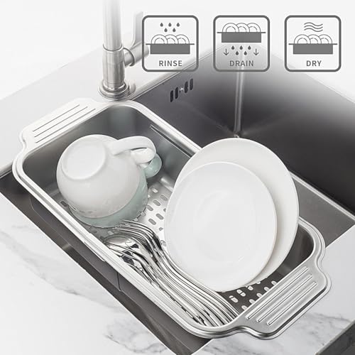 Escurridor de platos ajustable, colador extensible y organizador compacto 7
