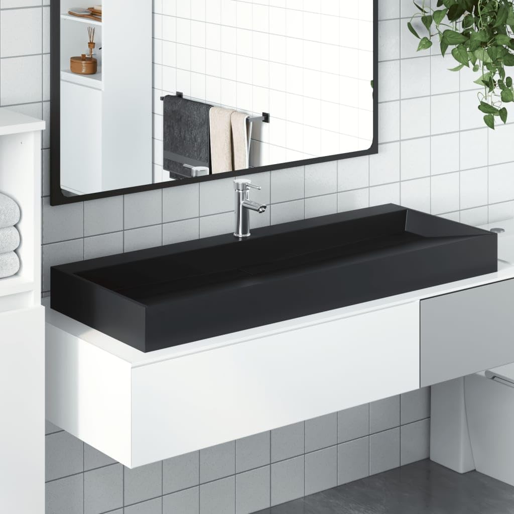 Waschbecken Mineralguss Mattschwarz 120x46x11 cm Aufsatzwaschbecken mit Hahnloch und Ablauf für Badezimmer Gäste WC Wandmontage modernes Design