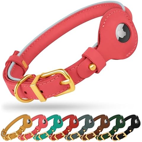 OOPSDOGGY Rolled Leather Dog Collar with Airtag Holder - Reflective Round Airtag Dog Collar - Soft Tracking Pet Collar for Small Dogs Puppy Cats Kitten (Pink, XS, 8"-11") Cover
