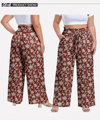 Image of OLRIK Women's Plus Size Pants Adjustable High Waisted Wide Leg Palazzo Pants Casual Trousers with Pockets Spring Clothes