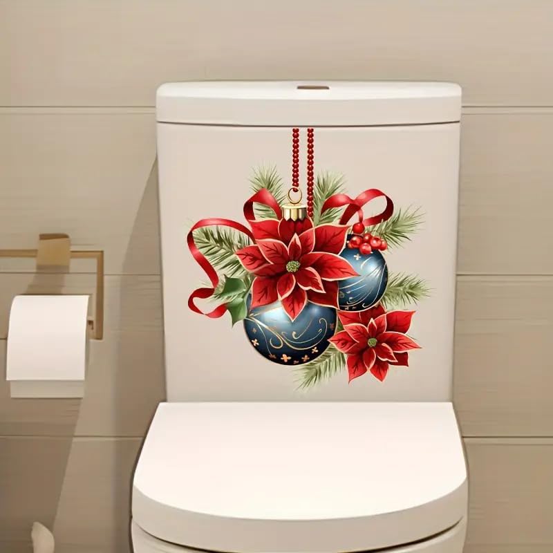 Christmas Bell Poinsettia Christmas Ornaments Toilet Cover Sticker Decals,Spring Flower Leaf Butterfly Waterproof Toilet Lid Tank Seat Decals Cistern Self-Adhesive Bathroom Wall Sticker