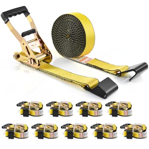 VEVOR Flat Hook Ratchet Straps (10PK) 10 000 lb Break Strength 2 x 30 Heavy Duty Tie Down Straps Track Spring Fittings 3 333 Pound Working Load for for Flatbed Truck Trailers Pickup