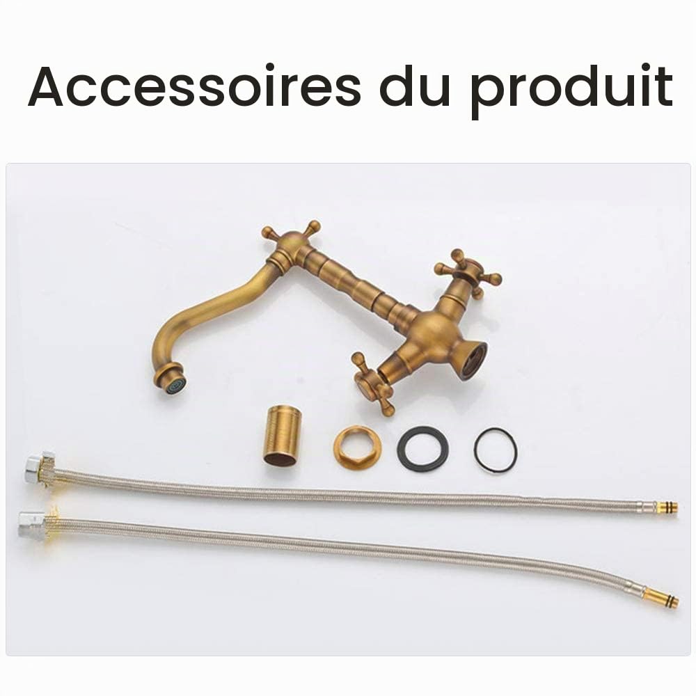 Robinet Vintage Robinet d'évier de Cuisine Pivotant à 360°, Mitigeur de Lavabo de Salle de Bain en Laiton de Bain à Double Poignée, avec Tuyau Flexible, Design Durabl