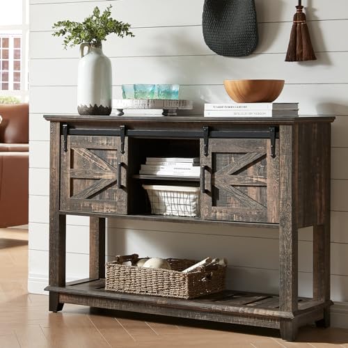 AMERLIFE Sofa Table with Sliding Barn Doors, TV Console Table, 46" Farmhouse Rustic Storage Entryway Table, Adjustable Open Shelves, Hallway, Living Room, Bedroom, Rustic Oak Black -  Happy Tao, CCT018