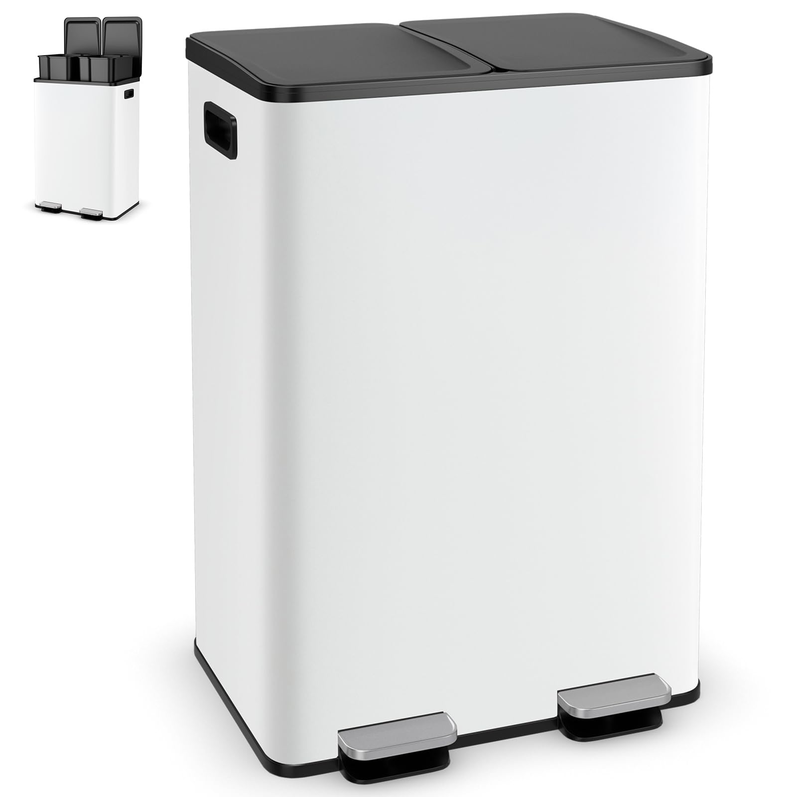 GiantexUK 60L Kitchen Pedal Bin, 2x30L Stainless Steel Recycling Rubbish Can with Detachable Inner Buckets, Handles, Deodorant Boxes & Soft Close Lids, Double Step-on Waste Dustbin for Home (White) โ image 1