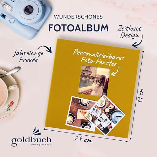 goldbuch Bella Vista 27 920 album fotograficzny z wyciętym na zdjęcie, musztardowy, album pamiątkowy w formacie 30 x 31 cm, 60 czarnych stron z przekładkami pergaminowymi, fotoksiążka z lnianą okładką