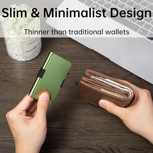 Image of Slim Card Holder Wallet for Men, Minimalist RFID Blocking Pop Up Wallet, Smart Metal Business Card Case Holds 12 Cards, Ultra-Thin Front Pocket Wallet, Gifts for Men