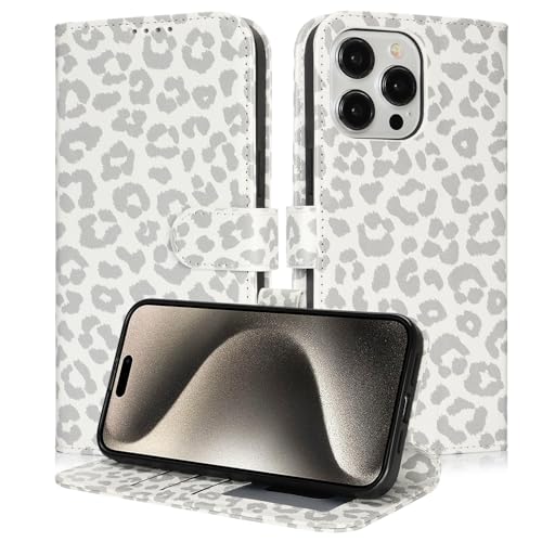 Image of for iPhone 15 Pro Max Case Wallet with Card Holder,for iPhone 15 Pro Max Wallet Case for Women Men,PU Leather Shockproof Magnetic Buckle Stand Flip Phone Case-White Leopard